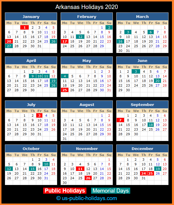 Arkansas Holiday Calendar 2020